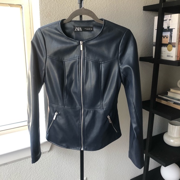 ZARA Gorgeous Navy Leather Jacket - Picture 2 of 7